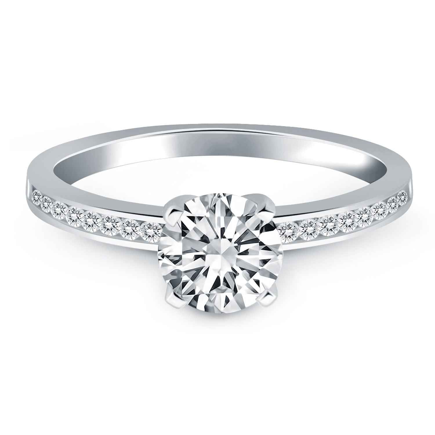 14K White Gold Engagement Ring With 1/2 Carat Round Diamond And Channel Set Band