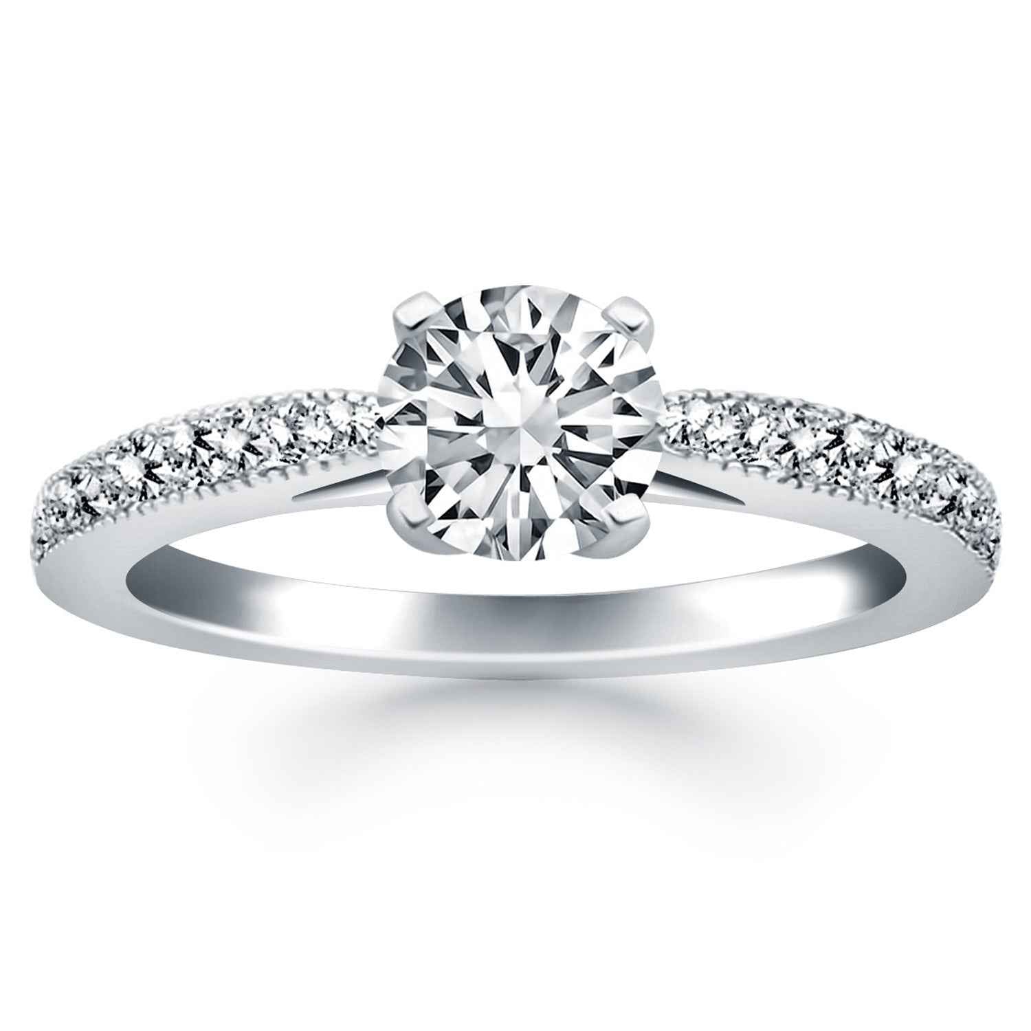 14K White Gold Engagement Ring With 1/2 Carat Round Cut Diamond & Pave Set Accents