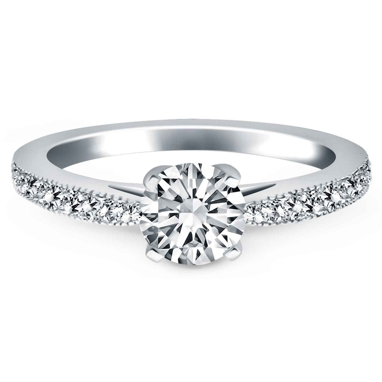 14K White Gold Engagement Ring With 1/2 Carat Round Cut Diamond & Pave Set Accents