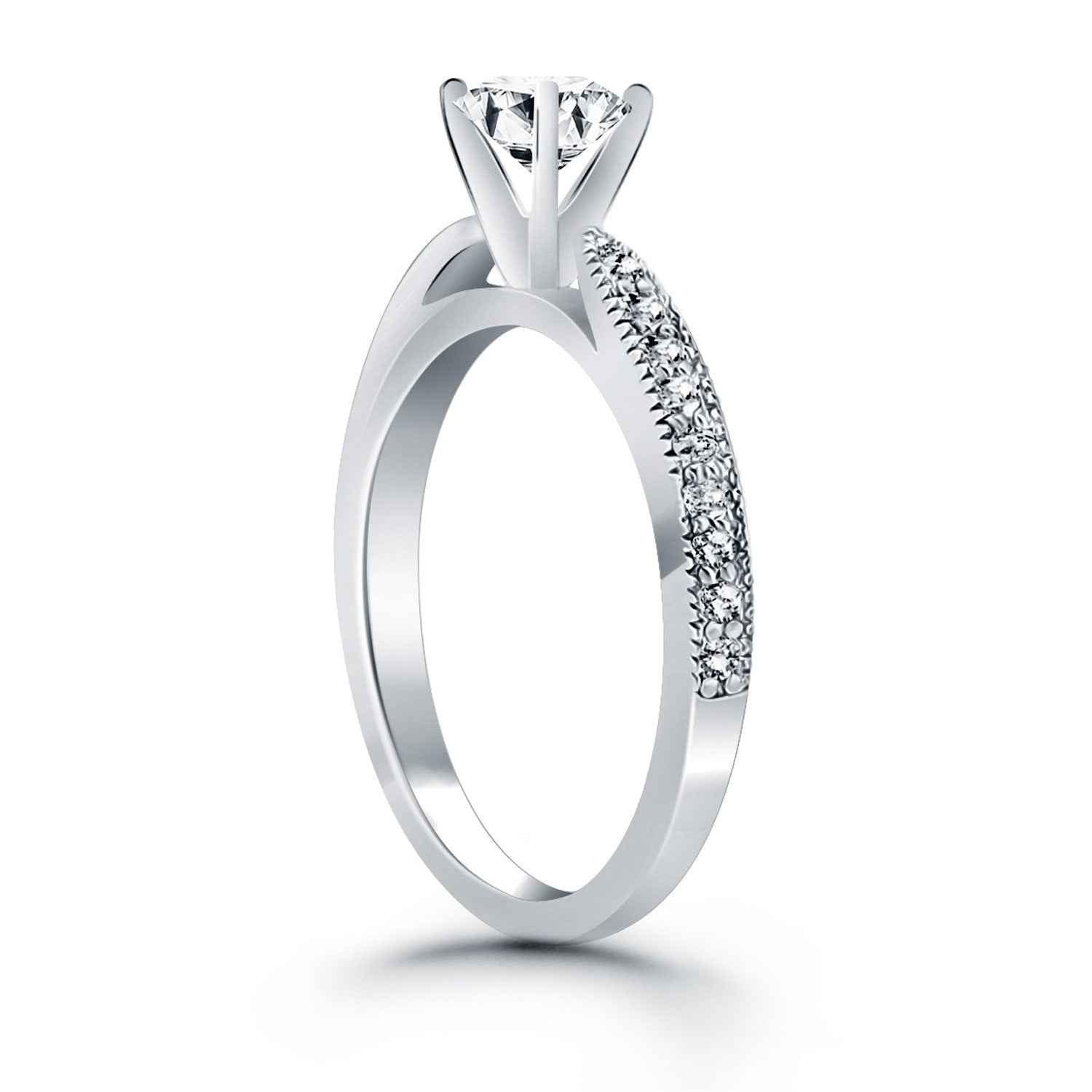 14K White Gold Engagement Ring With 1/2 Carat Round Cut Diamond & Pave Set Accents
