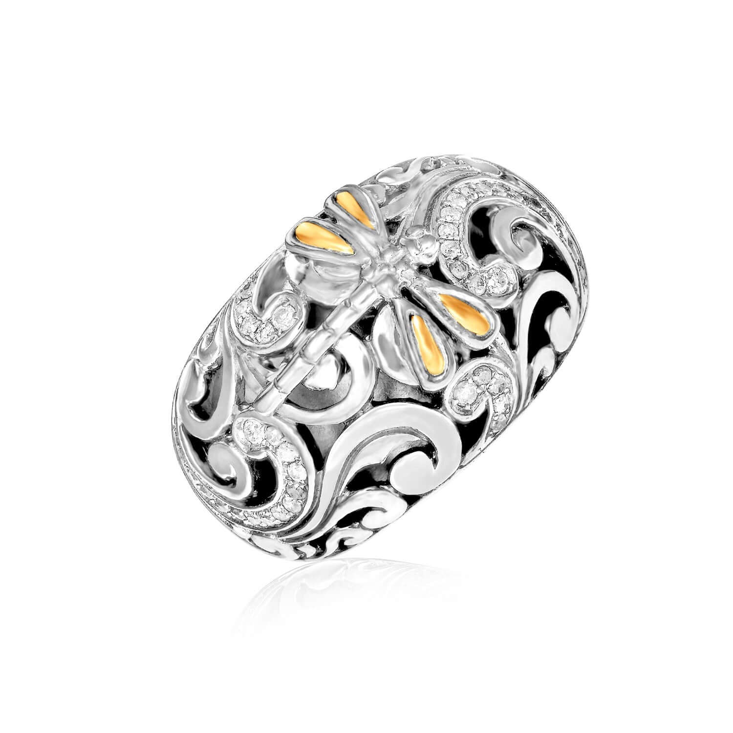 18k Yellow Gold & Sterling Silver Dragonfly Ring with Diamonds - Ellanice