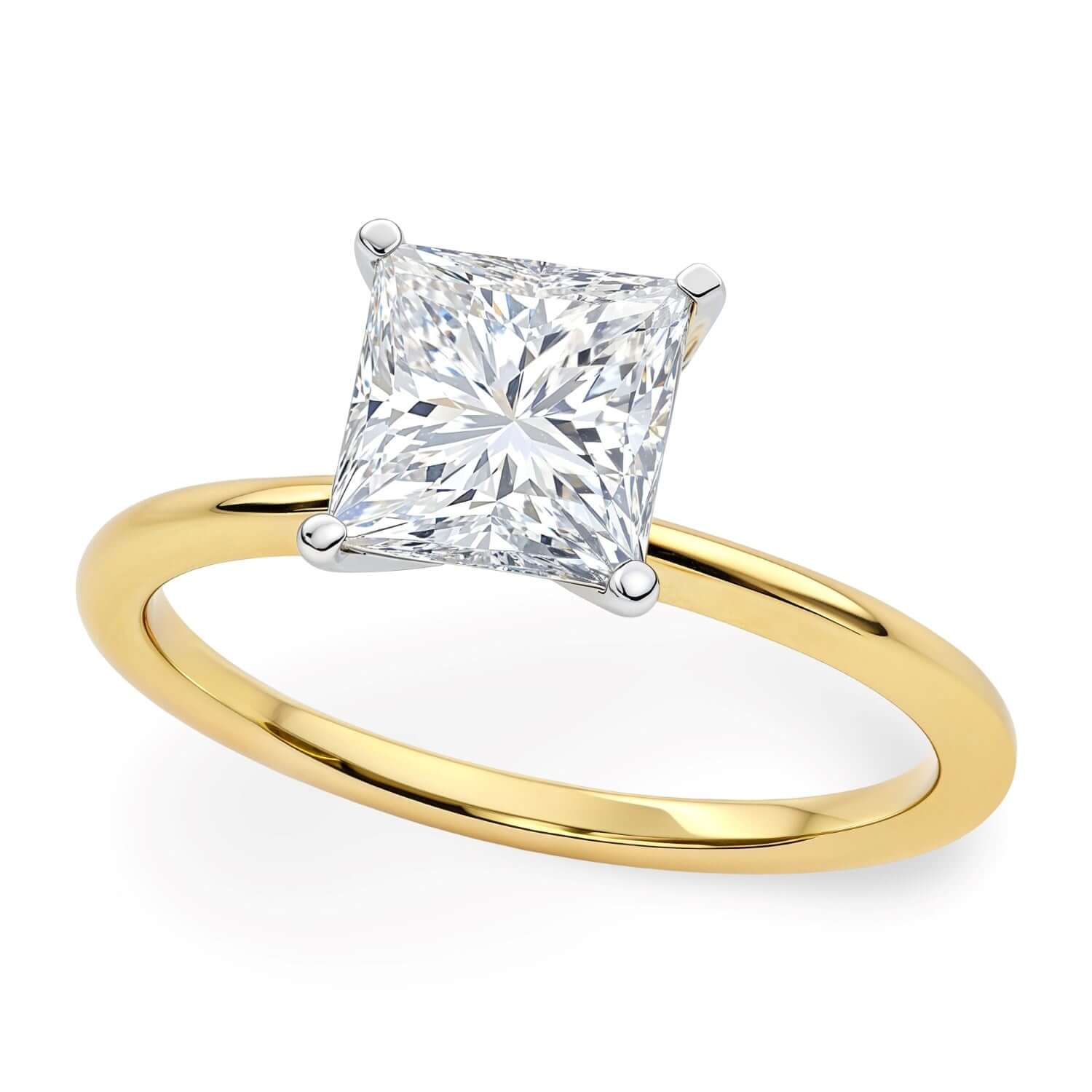 Stunning 1 1/2 Carat Princess Lab Grown IGI G/VS1 Diamond Solitaire Ring by Ella, featuring a brilliance in a timeless four-prong setting with 10K yellow gold.