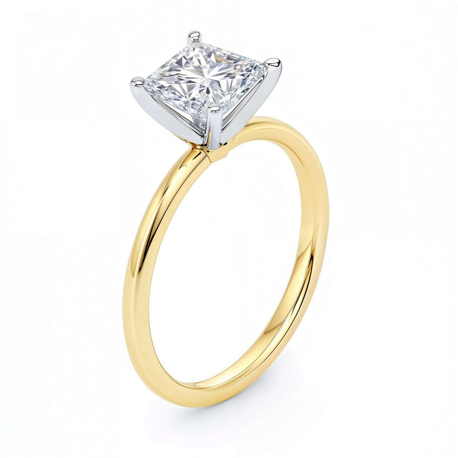 Elegant view of the 1 1/2 Carat Princess Lab Grown IGI G/VS1 Diamond Solitaire Ring by Ella, featuring a radiant diamond set in a luxurious 10K yellow gold band.