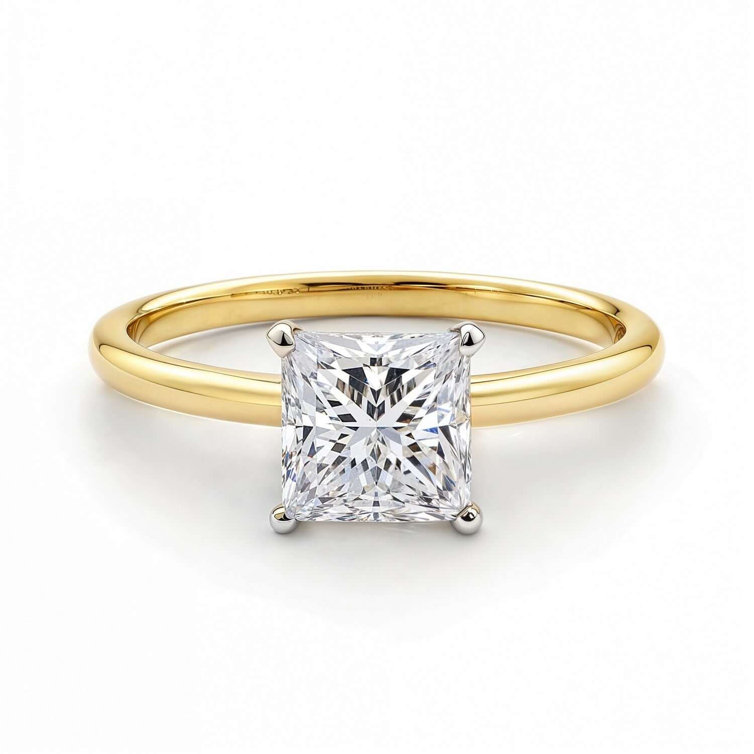 Stunning 1 1/2 Carat Princess Lab Grown IGI G/VS1 Diamond Solitaire Ring by Ella, showcased in a beautiful 10K Yellow Gold setting with contrasting white gold prongs.