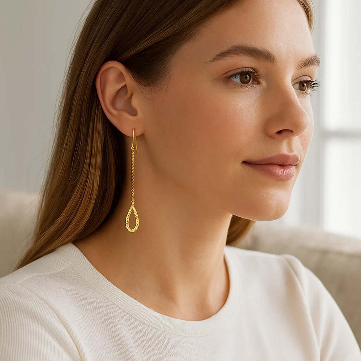 Textured Pear Shaped Long Drop Earrings in 14k Yellow Gold - Ellanice