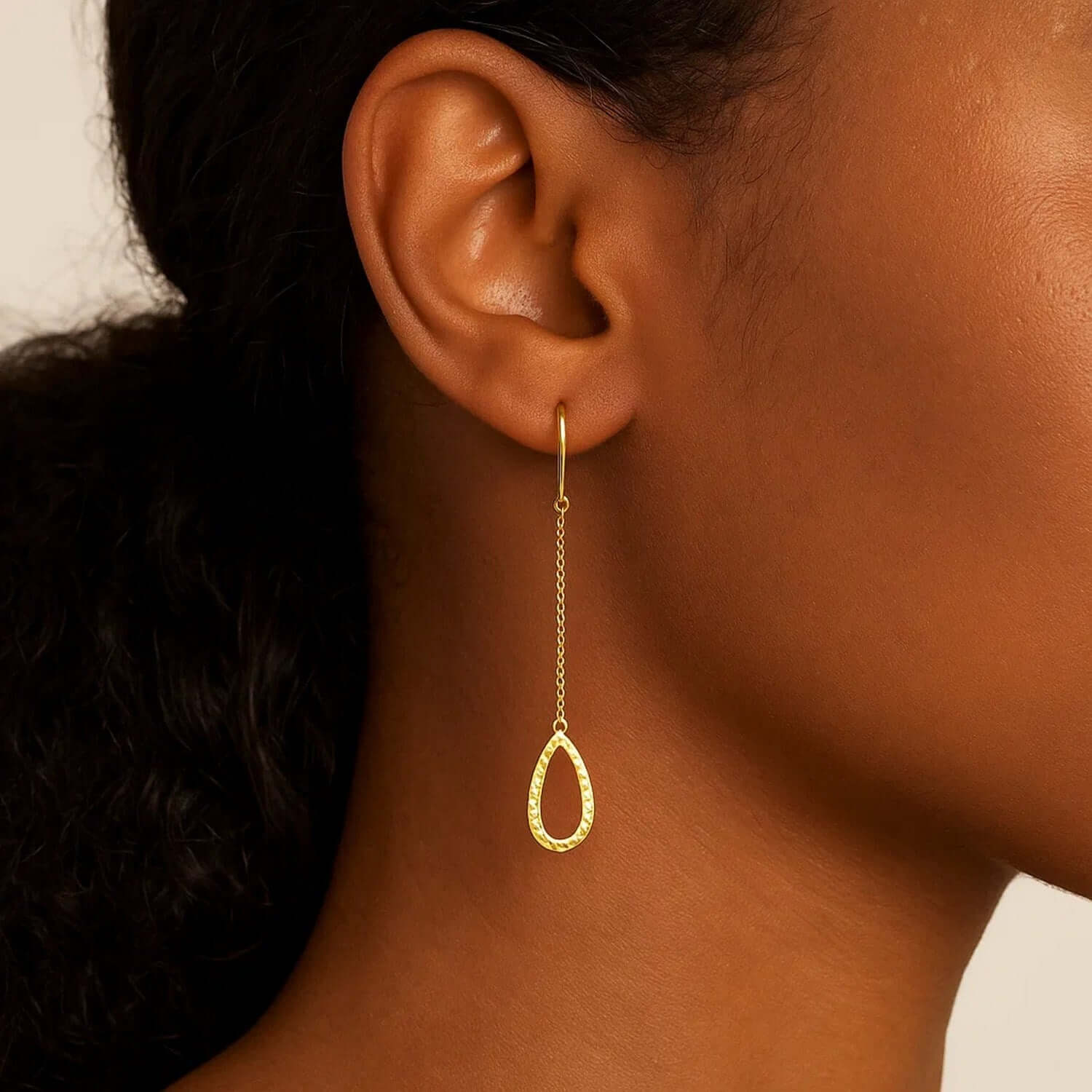 Textured Pear Shaped Long Drop Earrings in 14k Yellow Gold - Ellanice