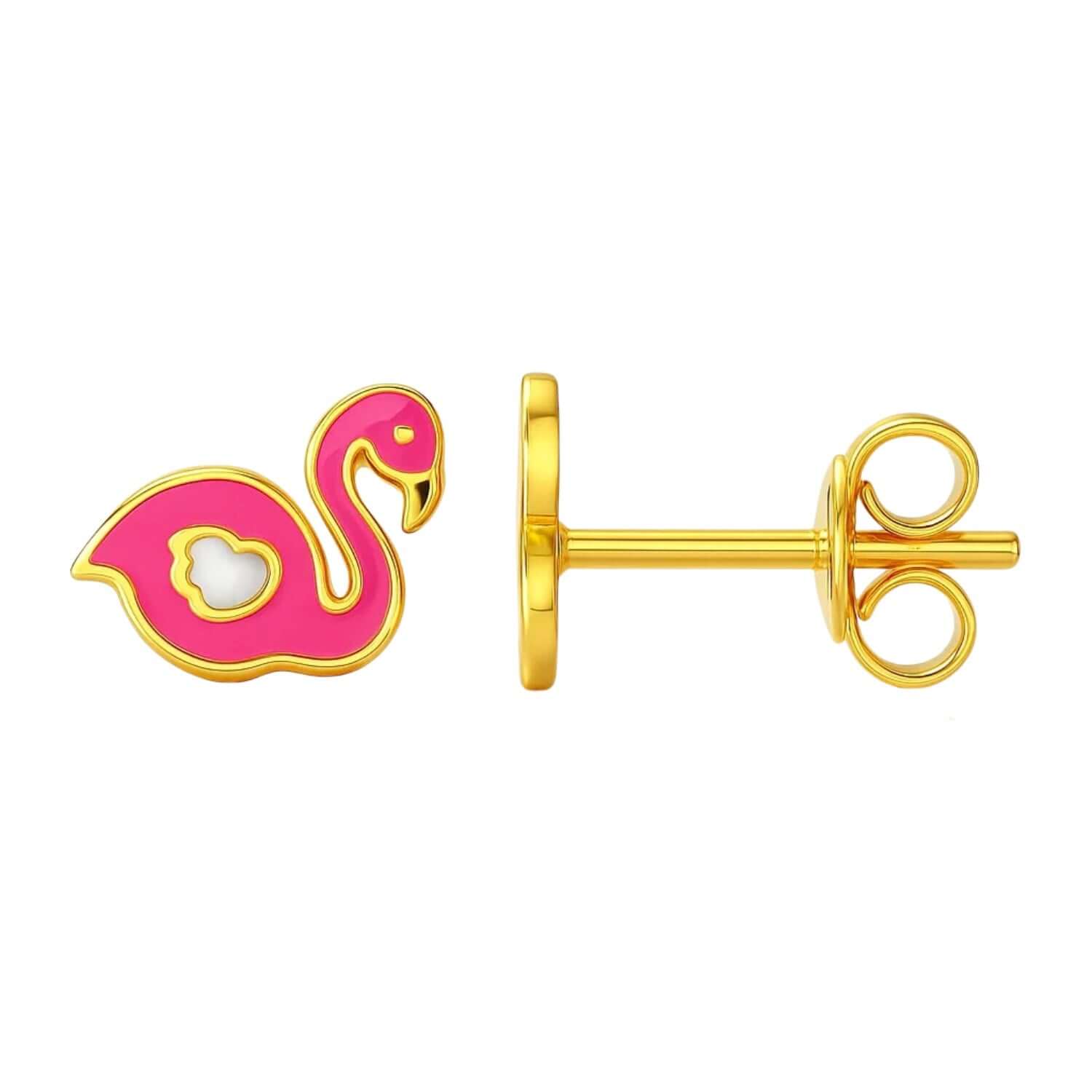 14k Yellow Gold Enameled Flamingo Childrens Earrings - Ellanice