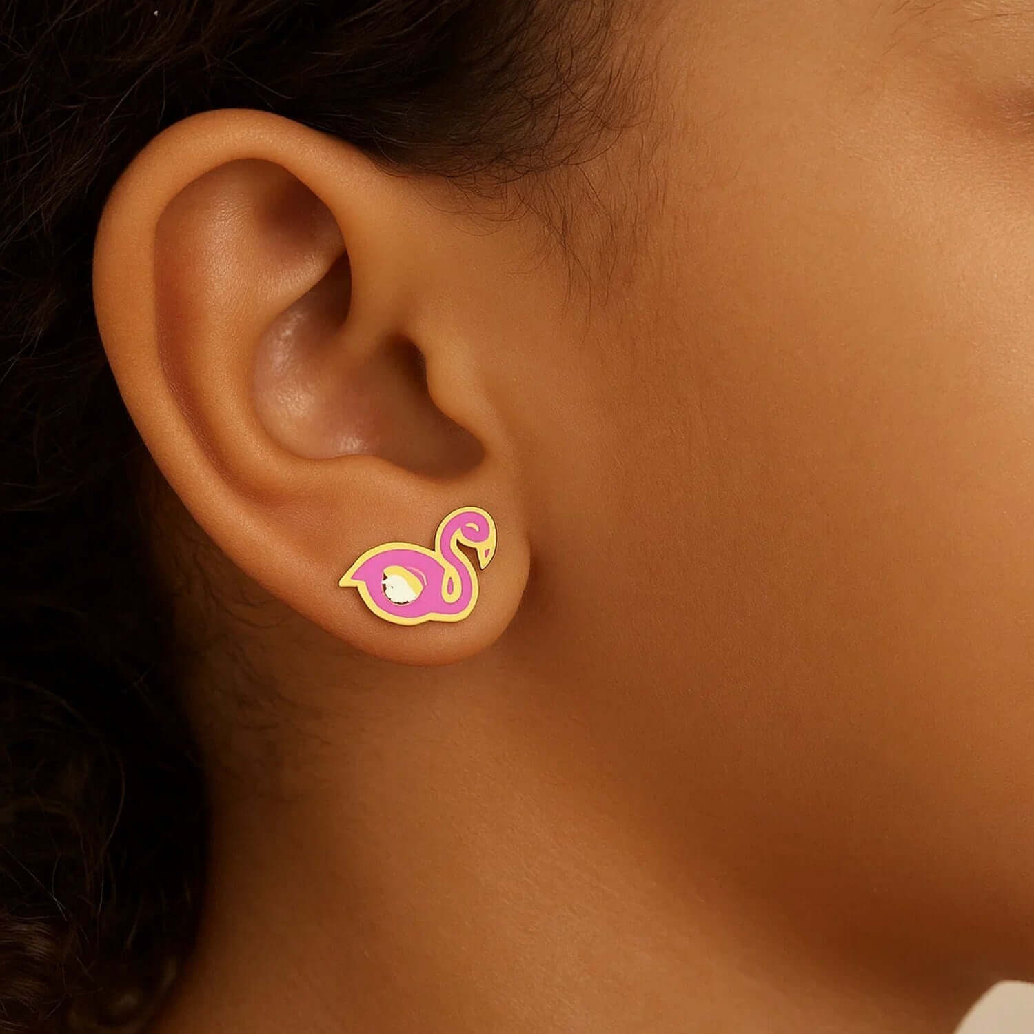 14k Yellow Gold Enameled Flamingo Childrens Earrings - Ellanice