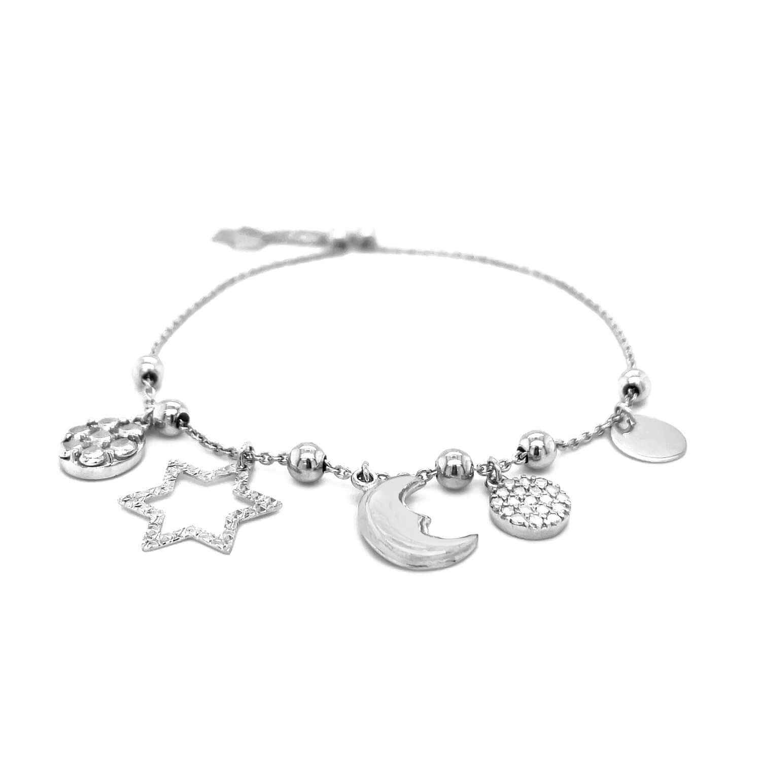 Adjustable Bead Bracelet with Celestial Charms in Sterling Silver - Ellanice