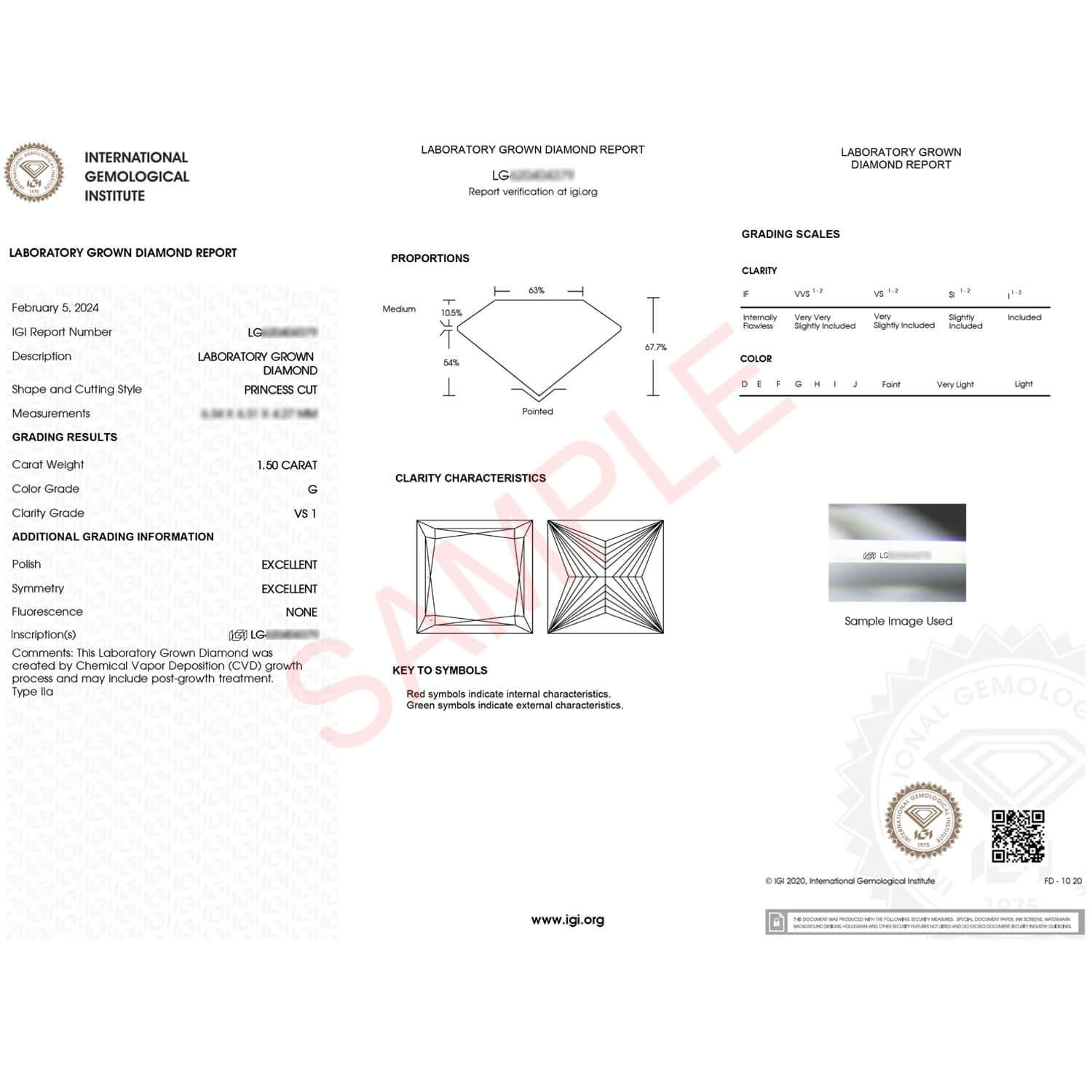 IGI certified laboratory-grown diamond report for a 1 1/2 carat princess-cut diamond solitaire ring by Ella, showcasing diamond grading details.